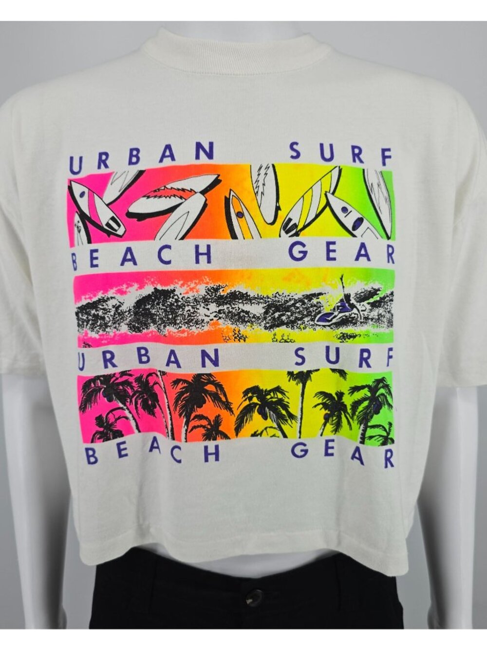 Vintage 1980s Urban Gear Urban Surf Beach Gear Cropped Neon T-Shirt (L/XL)